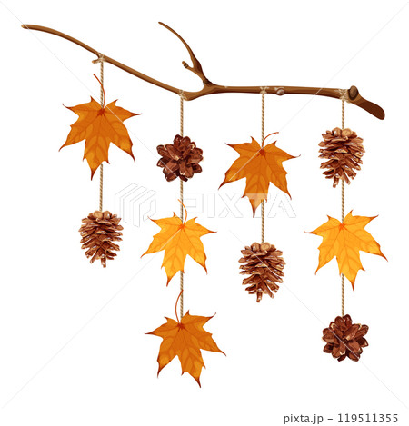 An autumn-themed hanging decor featuring a branch with maple leaves and pinecones suspended on ropes. Vector illustration. An autumn-themed hanging decor featuring a branch with maple leaves and pinecones suspended on ropes. Vector illustration. 119511355