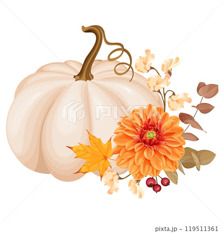 A beautiful autumn-themed vector illustration featuring a beige pumpkin adorned with a vibrant orange dahlia, autumn leaves, berries, and foliage. 119511361