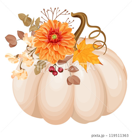A beautiful autumn-themed vector illustration featuring a beige pumpkin adorned with a vibrant orange dahlia, autumn leaves, berries, and foliage. A beautiful autumn-themed vector illustration featuring a beige pumpkin adorned with a vibrant orange dahlia, autumn leaves, berries, and foliage. 119511363