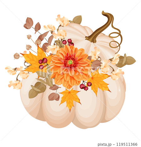 A beautiful autumn-themed vector illustration featuring a beige pumpkin adorned with a vibrant orange dahlia, autumn leaves, berries, and foliage. 119511366