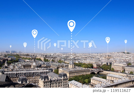 Network connection concept. Aerial view on old houses in Paris and location pins. Global positioning system pin map. Map pins with Paris, France. Aerial town view from Cathedral Notre Dame de Paris 119511627