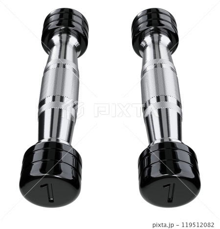 Two blank Round Dumbbells with number 1, black weightlifting gym equipment 119512082