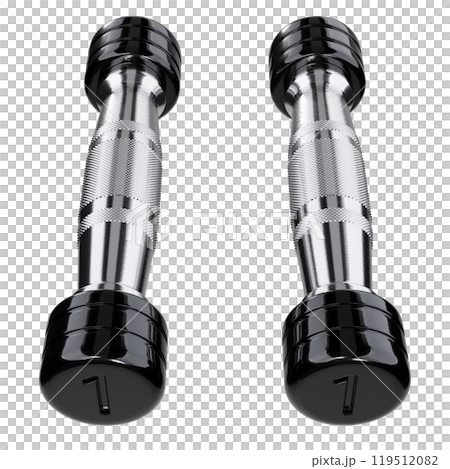 Two blank Round Dumbbells with number 1, black weightlifting gym equipment 119512082