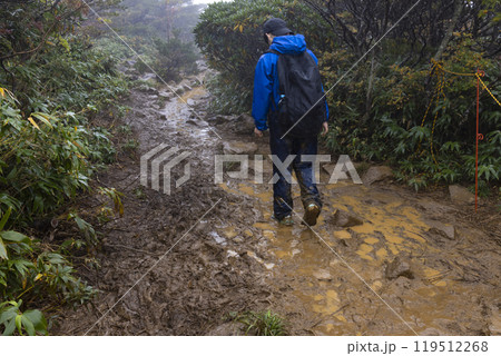 小雨の中、登山をする男の子 119512268