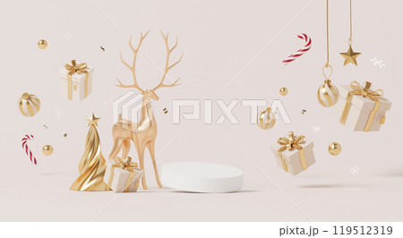 3D render, Merry Christmas celebration with Podium display on beige background, Christmas elements with falling gift, ornament ball, reindeer and other. 119512319