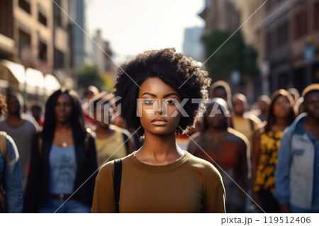 African-American female activist's portrait during rally 119512406