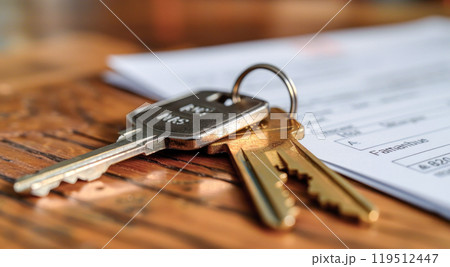 Close-up of keys and financial documents. Homeownership and real estate transactions concept 119512447