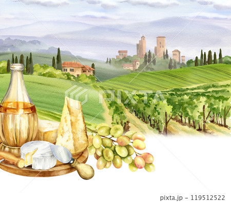 watercolor white wine bottle, parmesan, cheeses and grapes against Italian rural landscape with towers and farms, cypress trees and bushes, hand drawn sketch of Tuscany theme, food drink illustration watercolor white wine bottle, parmesan, cheeses and grapes against Italian rural landscape with towers and farms, cypress trees and bushes, hand drawn sketch of Tuscany theme, food drink illustration 119512522