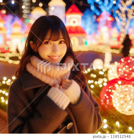 クリスマスイルミネーション　デートにきた女性 119512548