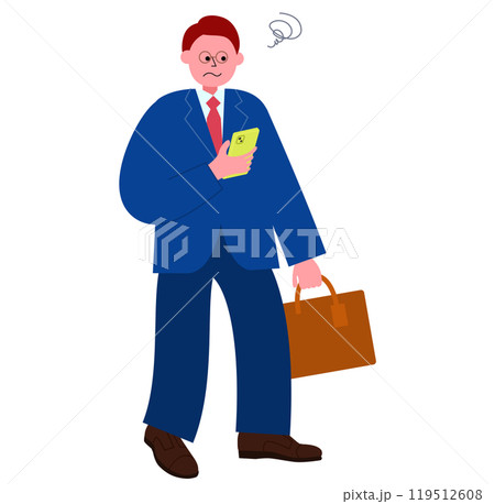 スーツを着てビジネスバッグを持ったメガネの男性がスマホを見て困った顔をする全身のイラスト 119512608