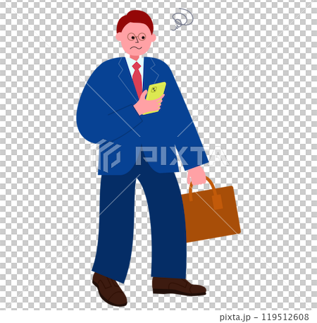 スーツを着てビジネスバッグを持ったメガネの男性がスマホを見て困った顔をする全身のイラスト 119512608