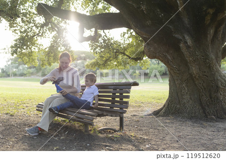 Mother putting on son's shoes on park bench 119512620