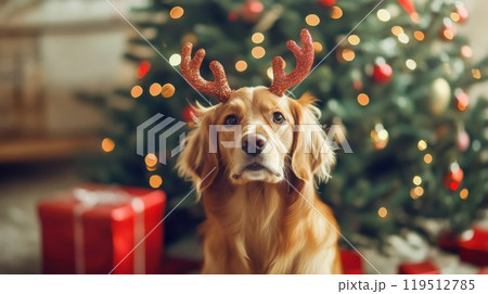 Golden Retriever Wearing Reindeer Antlers by a Christmas Tree 119512785
