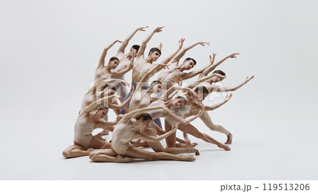 Contemporary ballet performance with artistic expression. Ballet group in perfect harmony. 119513206