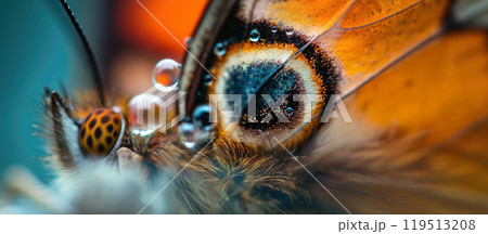 A butterfly with striking orange and blue patterns rests on a surface, glistening with droplets from recent rainfall, showcasing nature\'s beauty. 119513208