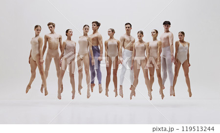 Contemporary ballet dancers in artistic composition. Group of ballet dancers making creative performance Contemporary ballet dancers in artistic composition. Group of ballet dancers making creative performance 119513244