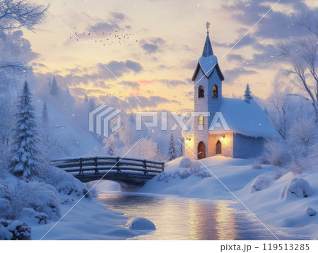 A Snow-Covered Church by a Frozen Stream at Sunset A Snow-Covered Church by a Frozen Stream at Sunset 119513285