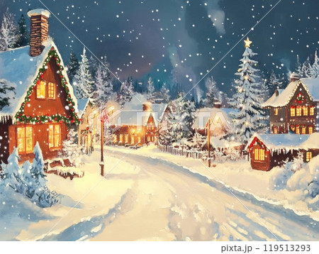 Snowy Christmas Village with Illuminated Houses and Starry Sky Snowy Christmas Village with Illuminated Houses and Starry Sky 119513293