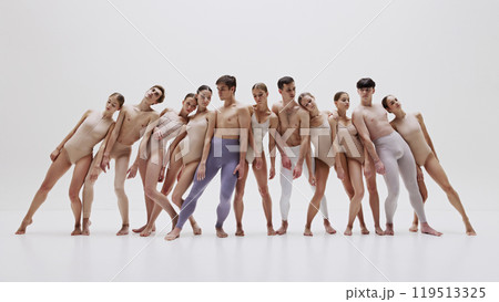 Modern ballet ensemble in neutral tones. Group of ballet dancer making creative performance 119513325