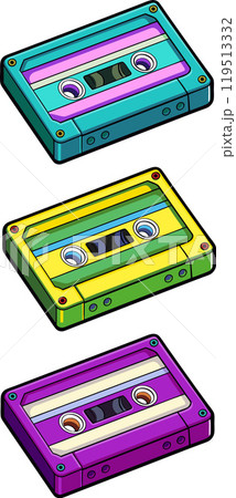 Vector. 3 juicy retro audio cassettes on a white background. Turquoise, yellow and purple audiotapes 90s 119513332