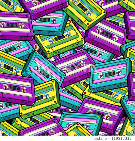 Vector. Seamless pattern with cassettes tape of different colors: purple, blue and yellow. Retro, vintage texture for textiles, wallpaper. A bright trend. 119513333
