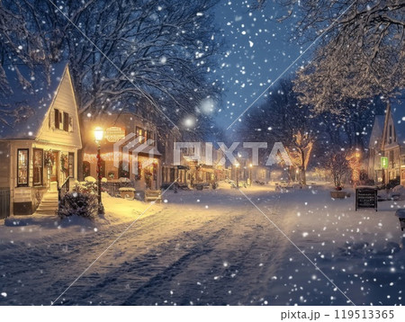 Snow-Covered Street with Christmas Lights in a Town at Night 119513365