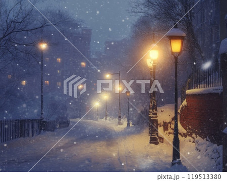 Snowfall on a Snowy Street with Illuminated Streetlights Snowfall on a Snowy Street with Illuminated Streetlights 119513380
