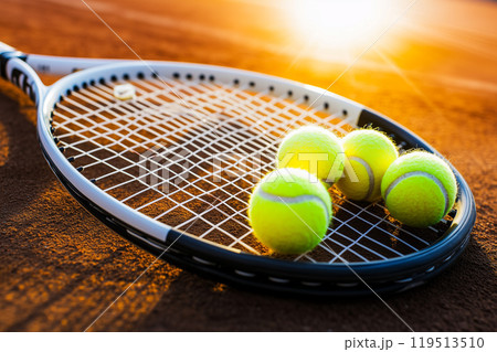 Tennis Racket and Balls on Clay Court at Sunset 119513510