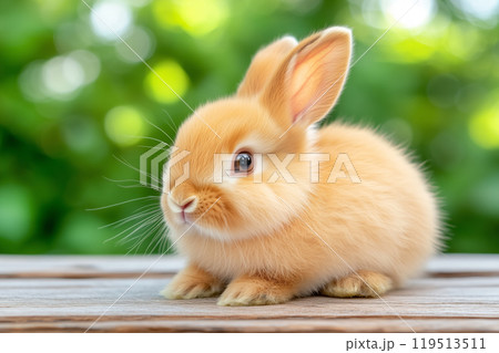 Cute Rabbit Sitting on Light Wood Surface with Bokeh Background 119513511
