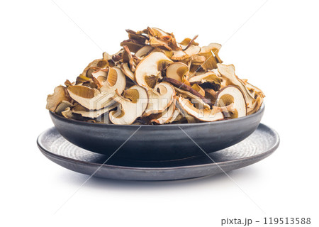 Dried porcini mushrooms. Sliced boletus on plate isolated on white background. 119513588