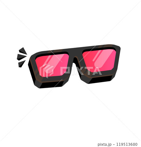 Black sunglasses with pink lens isolated on white background. Cartoon funny kids pink summer sunglasses icon, label and sign. Cool hipster Sunglasses vector graphic illustration Black sunglasses with pink lens isolated on white background. Cartoon funny kids pink summer sunglasses icon, label and sign. Cool hipster Sunglasses vector graphic illustration 119513680