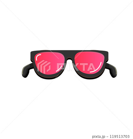 Black sunglasses with pink lens isolated on white background. Cartoon funny kids pink summer sunglasses icon, label and sign. Cool hipster Sunglasses vector graphic illustration 119513703