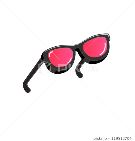 Black sunglasses with pink lens isolated on white background. Cartoon funny kids pink summer sunglasses icon, label and sign. Cool hipster Sunglasses vector graphic illustration 119513704