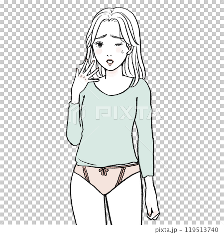 穿著內衣的女性對自己的身體感到不舒服或奇怪 119513740