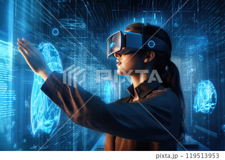 Woman engineer wearing VR goggles immersed in virtual reality interacting with an augmented reality 119513953