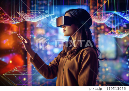 Beautiful young woman wearing VR goggles, interacting with network in virtual reality. Beautiful young woman wearing VR goggles, interacting with network in virtual reality. 119513956