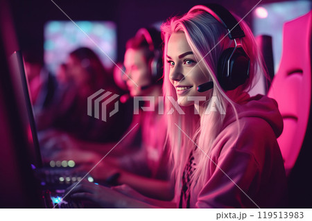 Beautiful blonde girl pro gamer wearing headphones smiling and playing computer games. Generative AI 119513983