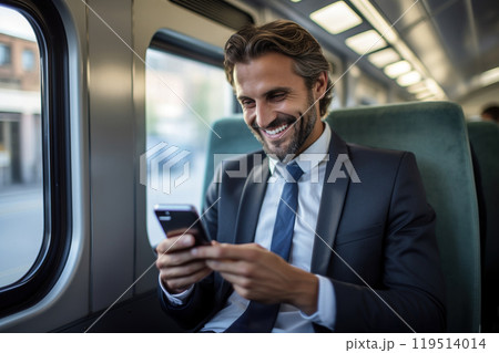 Businessman using his smartphone finance app while traveling in a train. 119514014