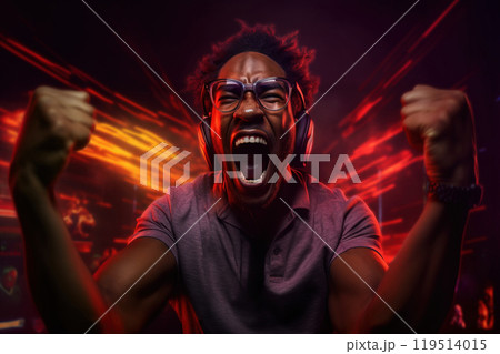 Excited gamer shouting yes with raising hands after winning competition. Generative AI 119514015