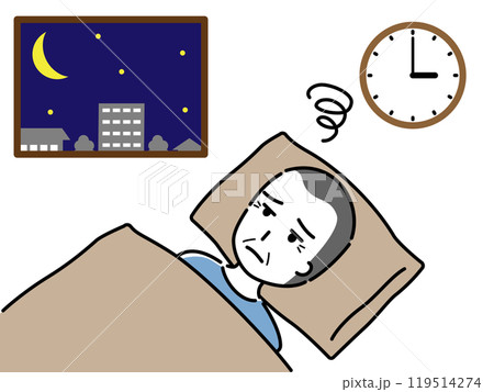 深夜に眠れず、布団の中で悩む高齢男性(窓の外に夜空と街並み) 119514274