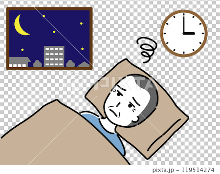 深夜に眠れず、布団の中で悩む高齢男性(窓の外に夜空と街並み) 119514274