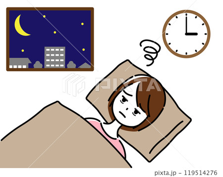 深夜に眠れず、布団の中で悩む女性(窓の外に夜空と街並み) 119514276