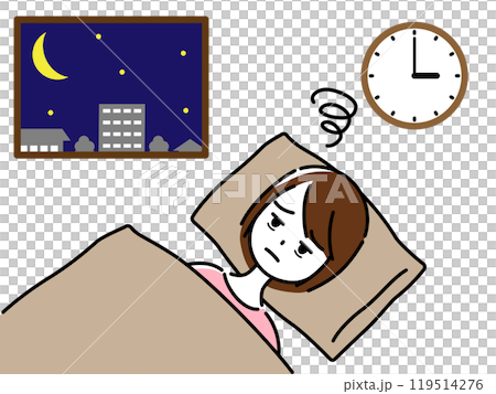 深夜に眠れず、布団の中で悩む女性(窓の外に夜空と街並み) 119514276