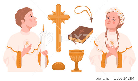 Catholic First Communion Elements. Boy and girl praying and preparing for the tiast of the Eucharist. Vector set. Golden wine cup, cross, bible, bread, rosary. Beautiful invitation design elements. 119514294
