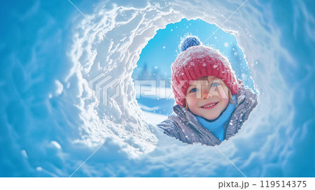 雪のトンネルを興味深く覗く子供 119514375