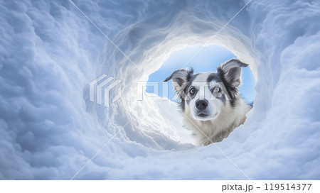 雪のトンネルを興味深く覗く犬 119514377