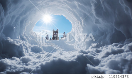雪のトンネルを興味深く覗く犬 119514378