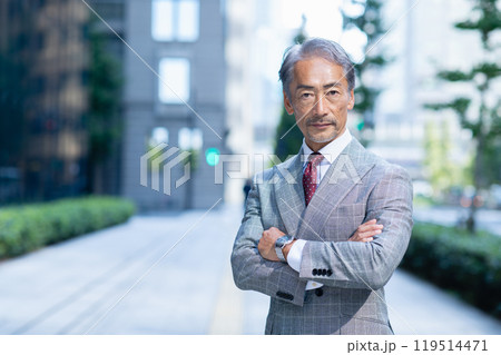 オフィス街で腕を組むシニアのビジネスマン 119514471