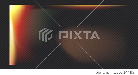 Realistic light leak overlay vector transparent background, old film flare effect, texture with orange iridescent shapes 119514495
