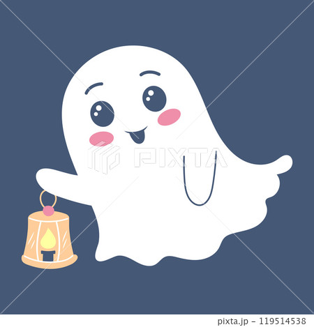 Cute ghost with lantern. Spooky funny Halloween character. Vector flat hand drawn illustration. Cute ghost with lantern. Spooky funny Halloween character. Vector flat hand drawn illustration. 119514538